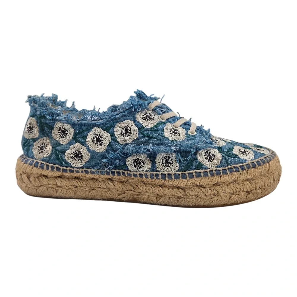 Made in Spain Espadrille Platform Sneakers Blue Floral Embroidered Frayed 7.5/38